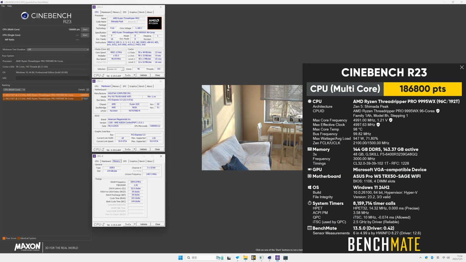AMD Threadripper PRO 9995WX läuft mit 5,00 GHz All-Core-Takt – erreicht 186.000 Punkte in Cinebench bei 947 Watt